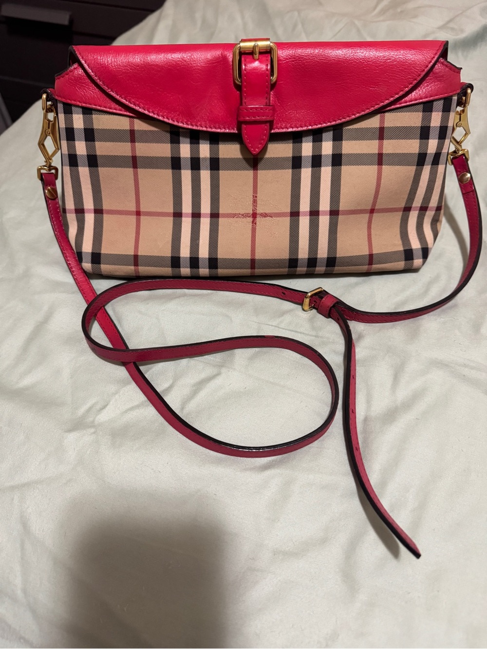 Burberry Beige Nova Check Crossbody with Pink Leather Trim